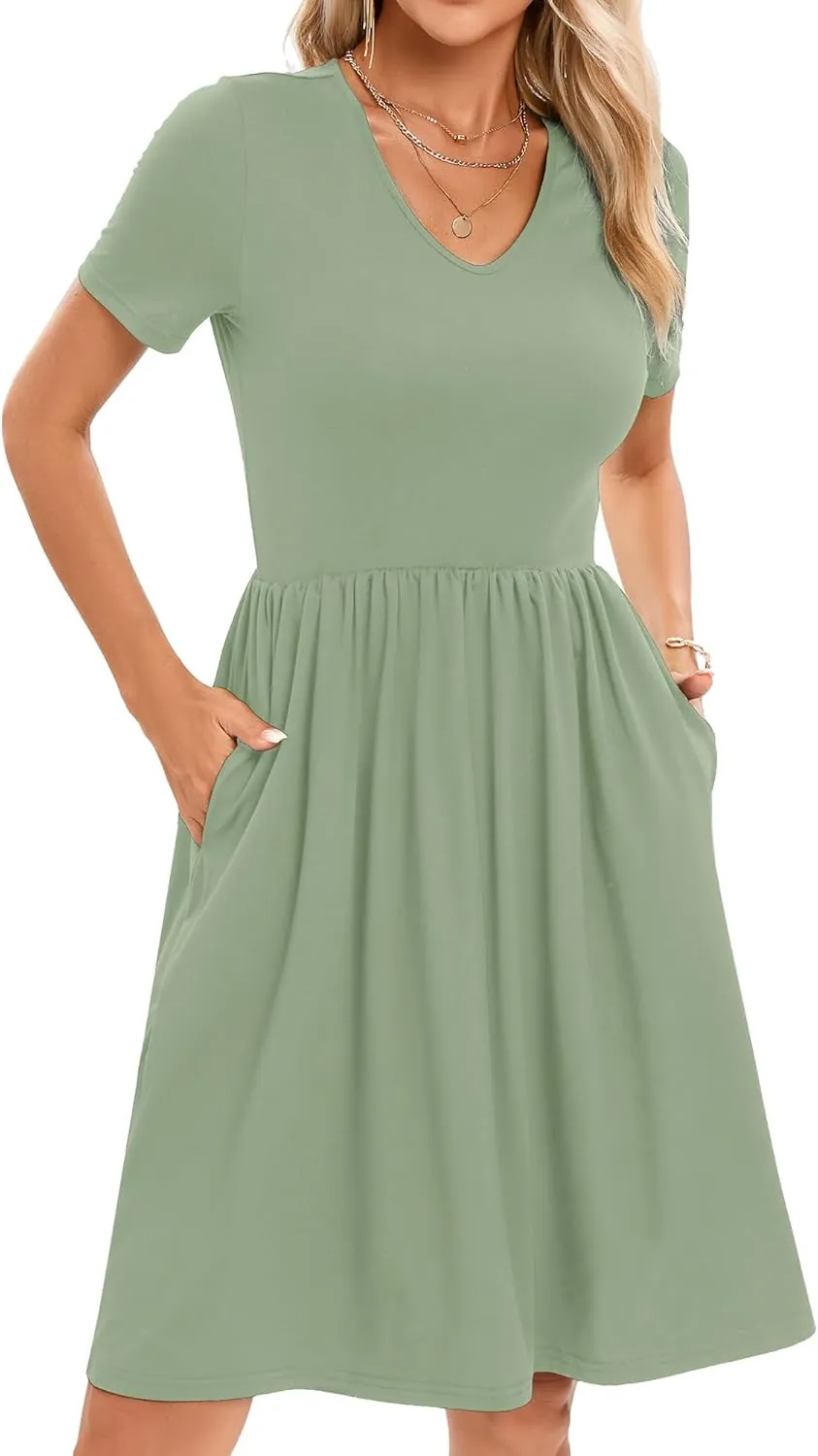 2025 Women's Summer Casual Short Sleeve Pleated A-Line Midi Loose Fit Swing Dresses T-Shirt Flowy Sundress with Pockets
