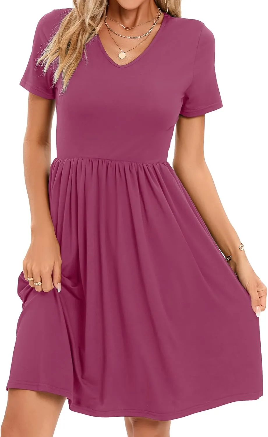 2025 Women's Summer Casual Short Sleeve Pleated A-Line Midi Loose Fit Swing Dresses T-Shirt Flowy Sundress with Pockets
