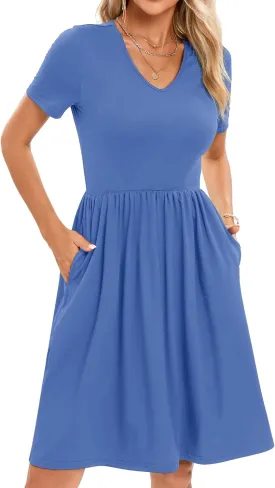2025 Women's Summer Casual Short Sleeve Pleated A-Line Midi Loose Fit Swing Dresses T-Shirt Flowy Sundress with Pockets