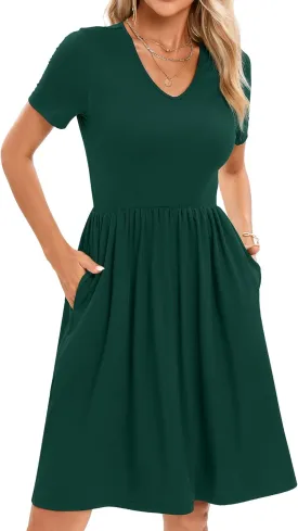 2025 Women's Summer Casual Short Sleeve Pleated A-Line Midi Loose Fit Swing Dresses T-Shirt Flowy Sundress with Pockets