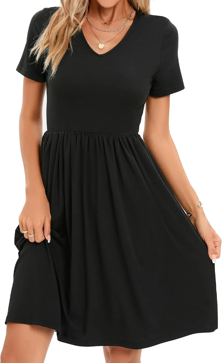 2025 Women's Summer Casual Short Sleeve Pleated A-Line Midi Loose Fit Swing Dresses T-Shirt Flowy Sundress with Pockets