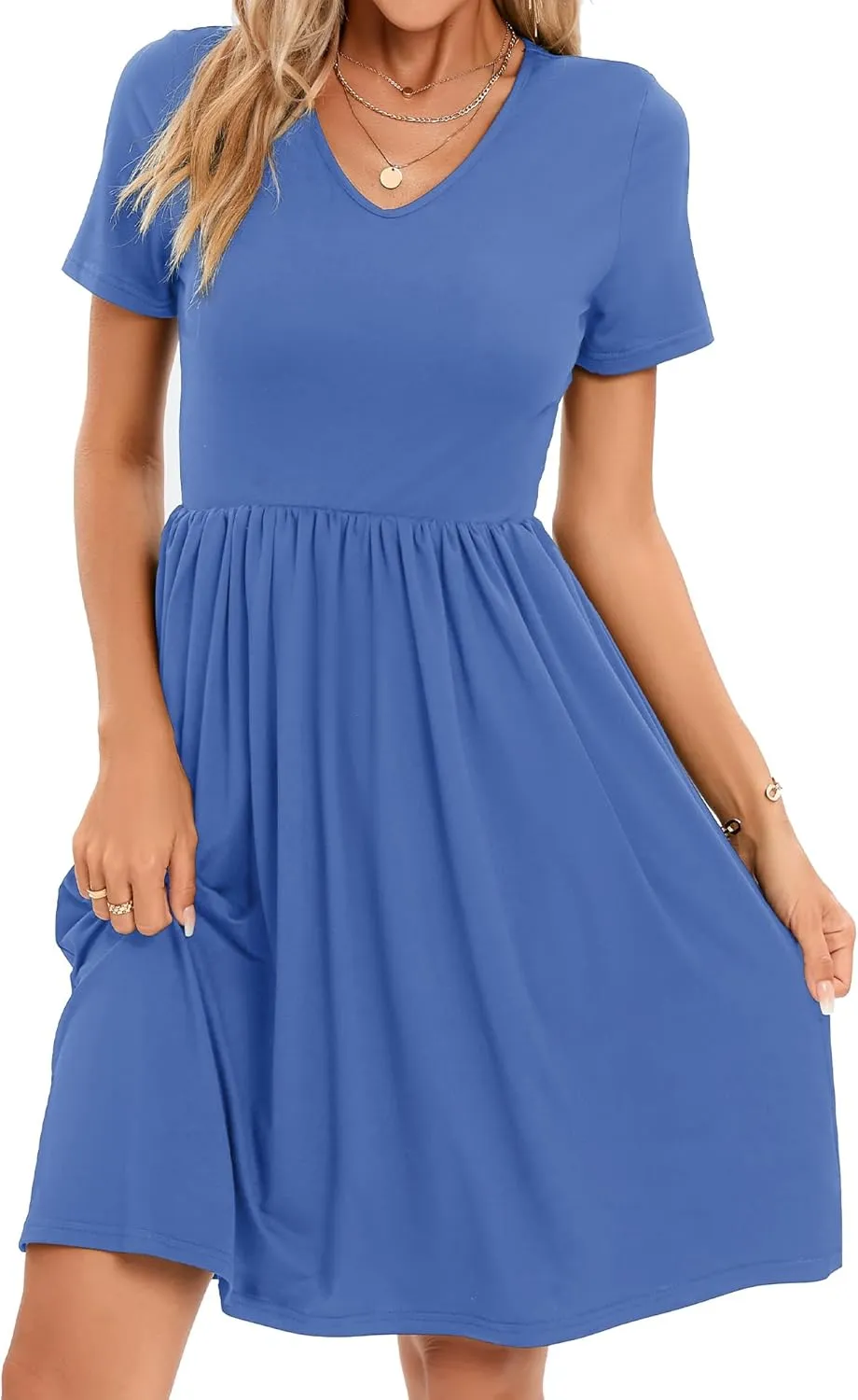 2025 Women's Summer Casual Short Sleeve Pleated A-Line Midi Loose Fit Swing Dresses T-Shirt Flowy Sundress with Pockets