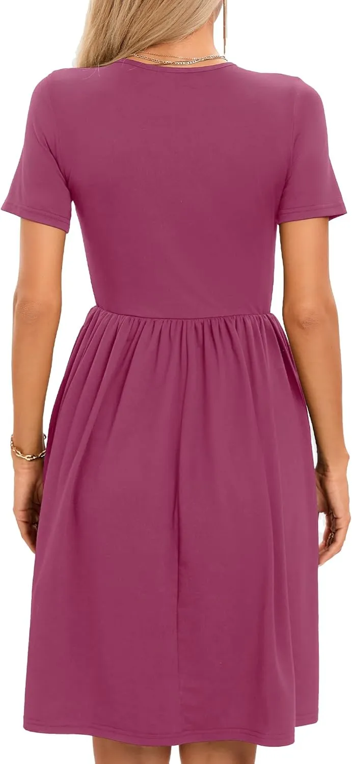 2025 Women's Summer Casual Short Sleeve Pleated A-Line Midi Loose Fit Swing Dresses T-Shirt Flowy Sundress with Pockets