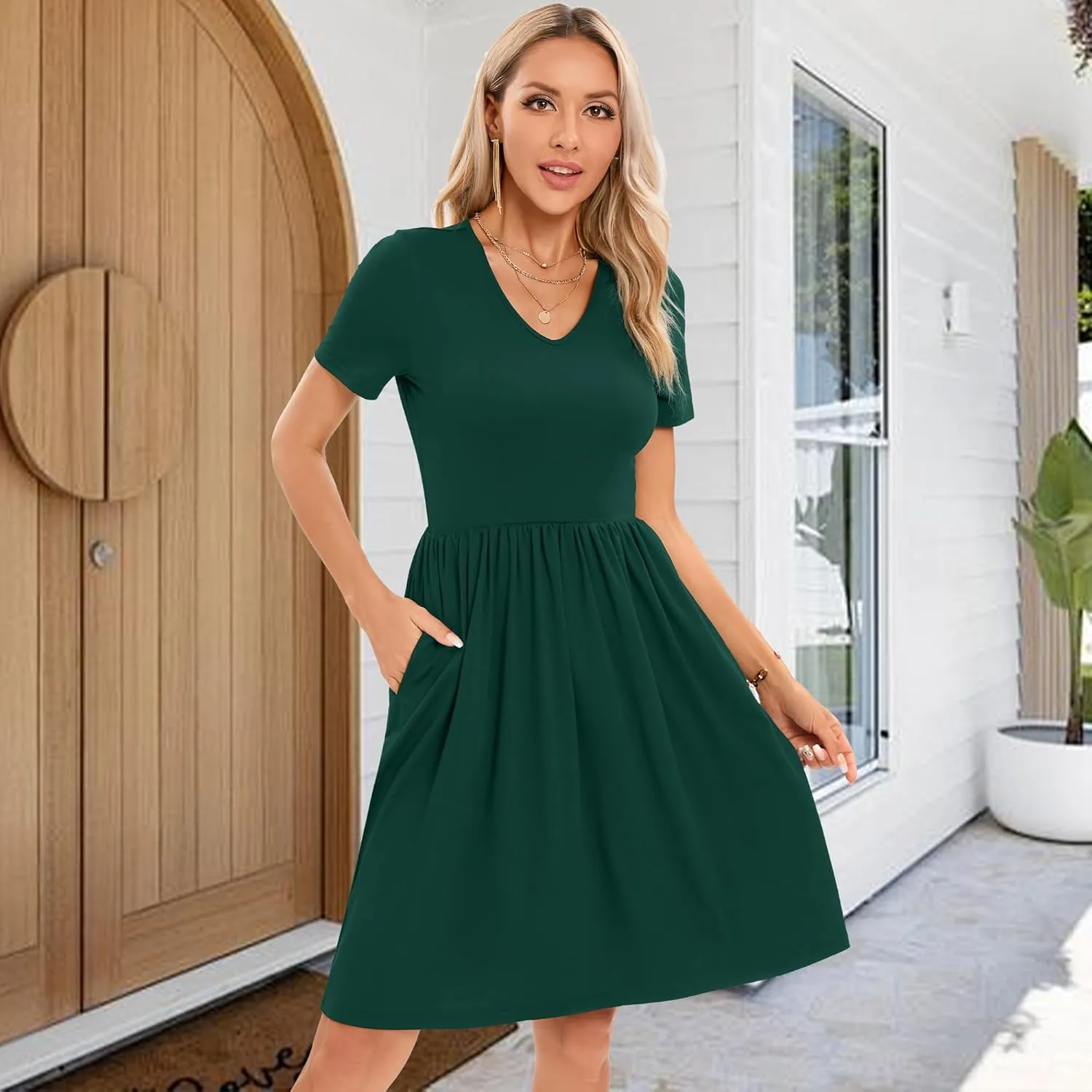 2025 Women's Summer Casual Short Sleeve Pleated A-Line Midi Loose Fit Swing Dresses T-Shirt Flowy Sundress with Pockets