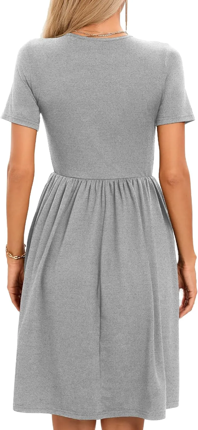 2025 Women's Summer Casual Short Sleeve Pleated A-Line Midi Loose Fit Swing Dresses T-Shirt Flowy Sundress with Pockets