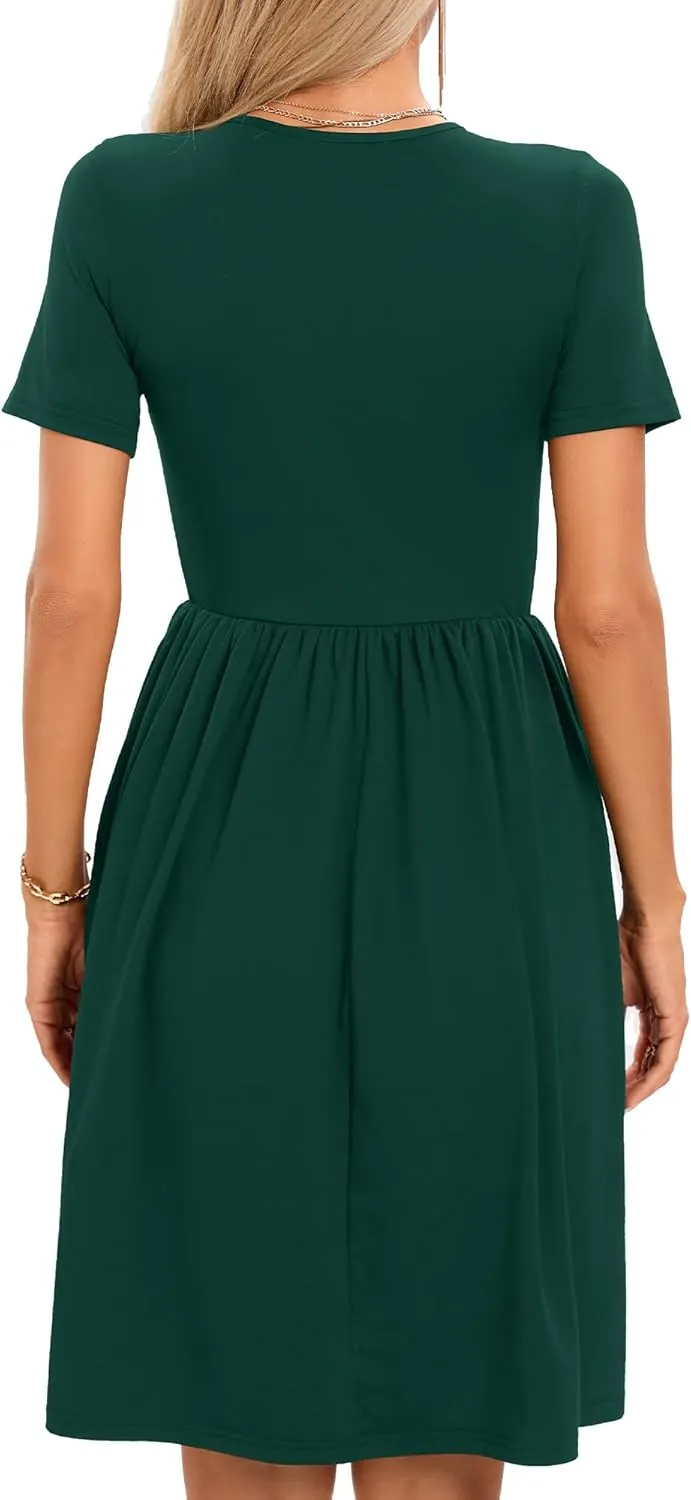 2025 Women's Summer Casual Short Sleeve Pleated A-Line Midi Loose Fit Swing Dresses T-Shirt Flowy Sundress with Pockets