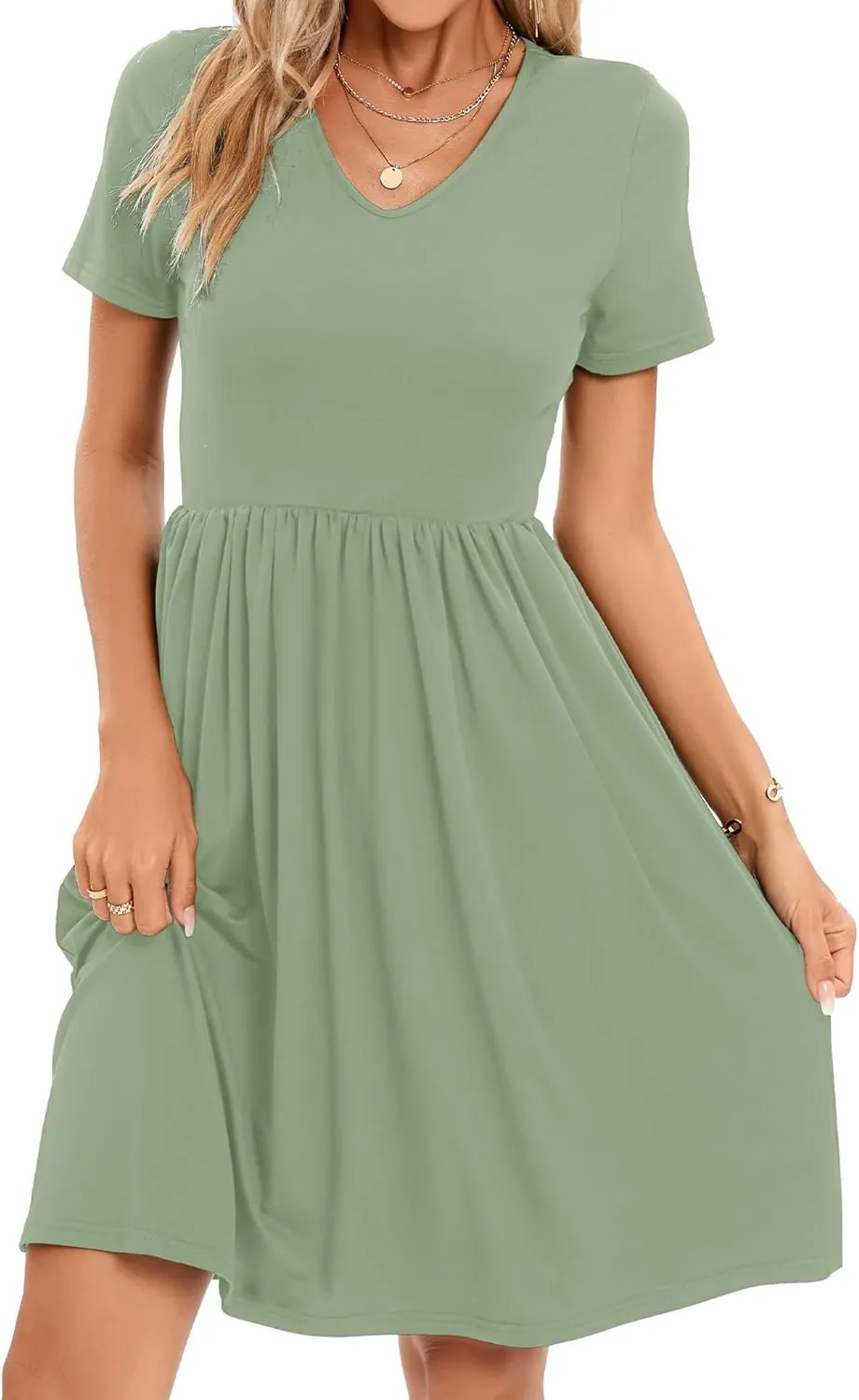 2025 Women's Summer Casual Short Sleeve Pleated A-Line Midi Loose Fit Swing Dresses T-Shirt Flowy Sundress with Pockets