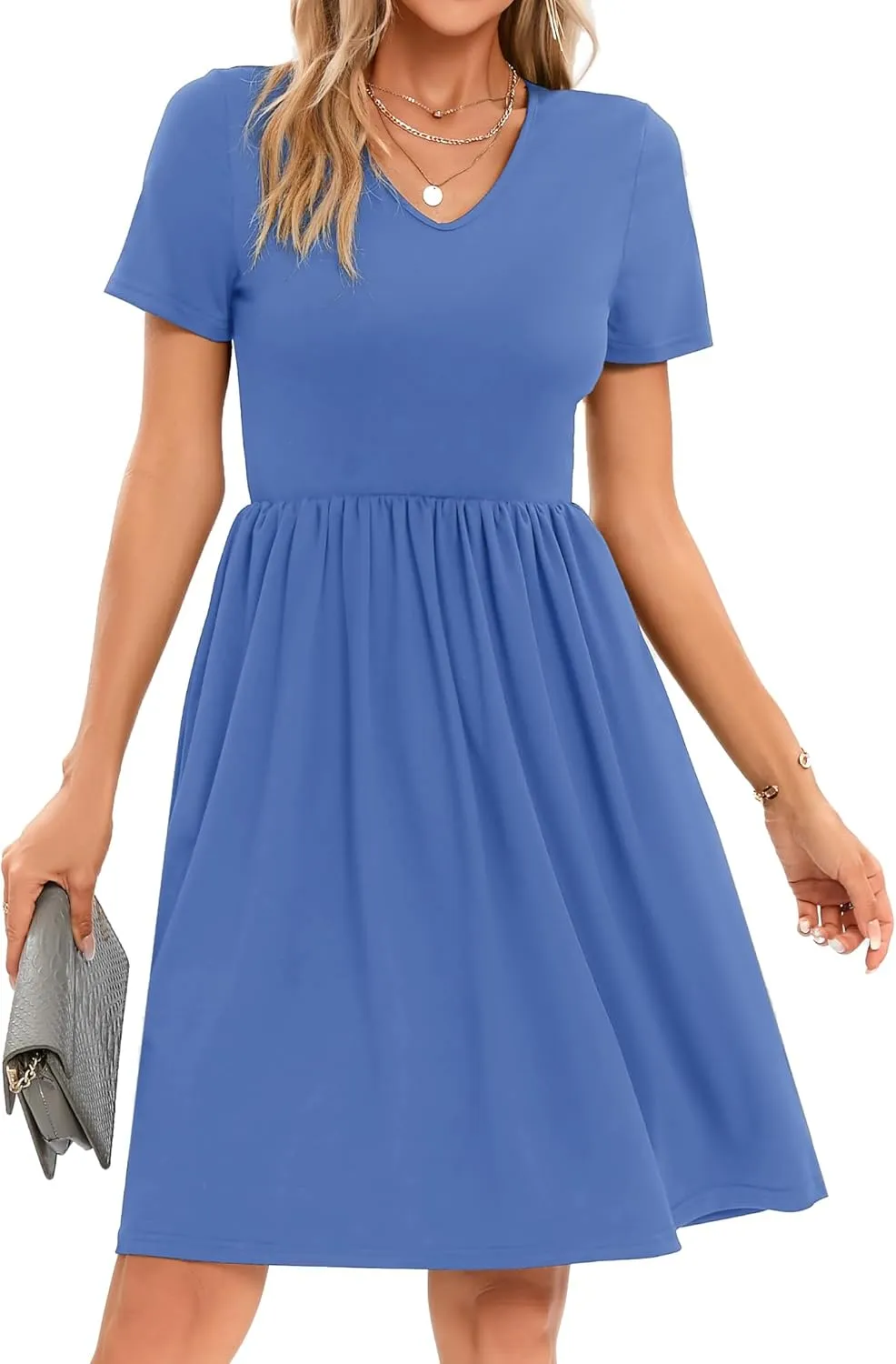 2025 Women's Summer Casual Short Sleeve Pleated A-Line Midi Loose Fit Swing Dresses T-Shirt Flowy Sundress with Pockets
