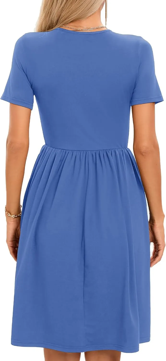 2025 Women's Summer Casual Short Sleeve Pleated A-Line Midi Loose Fit Swing Dresses T-Shirt Flowy Sundress with Pockets