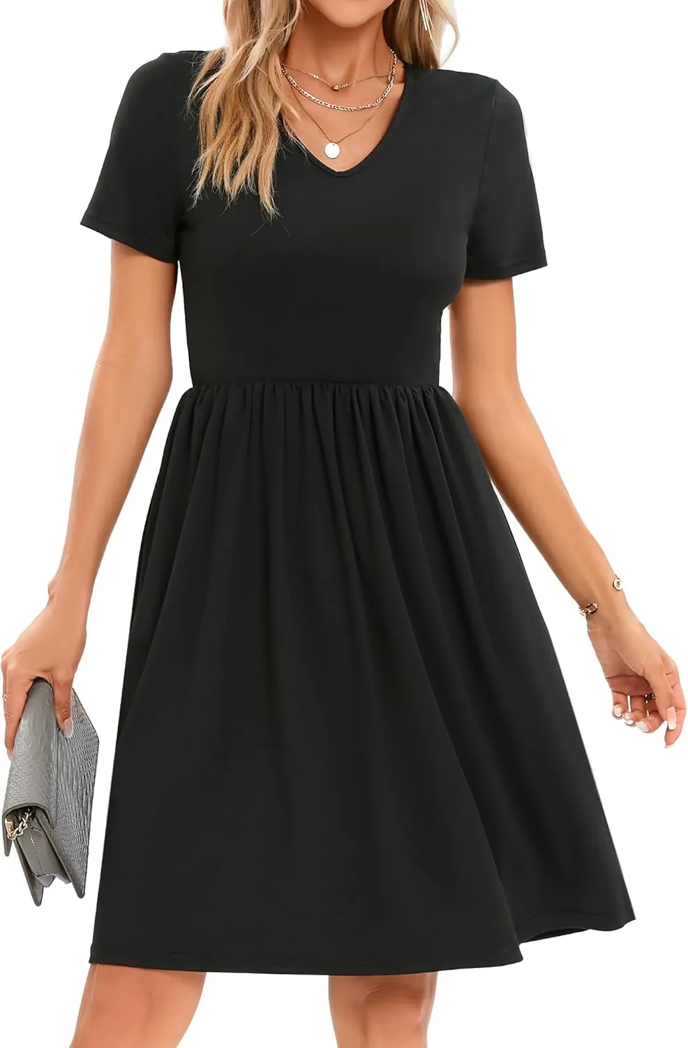 2025 Women's Summer Casual Short Sleeve Pleated A-Line Midi Loose Fit Swing Dresses T-Shirt Flowy Sundress with Pockets