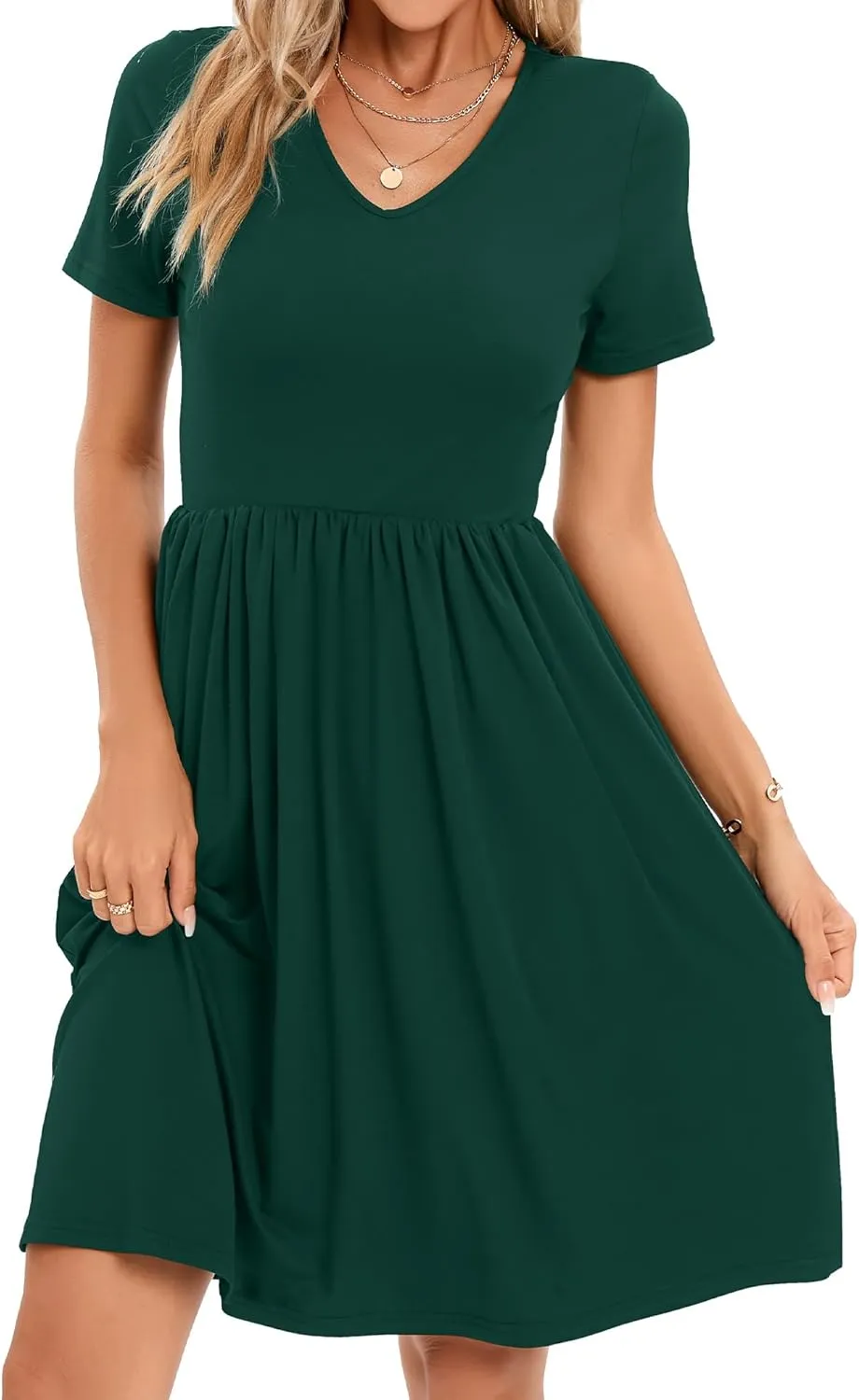 2025 Women's Summer Casual Short Sleeve Pleated A-Line Midi Loose Fit Swing Dresses T-Shirt Flowy Sundress with Pockets