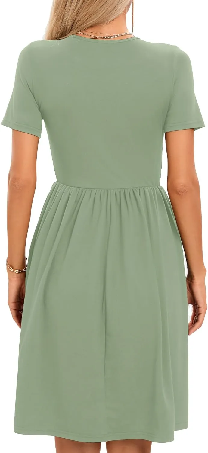 2025 Women's Summer Casual Short Sleeve Pleated A-Line Midi Loose Fit Swing Dresses T-Shirt Flowy Sundress with Pockets