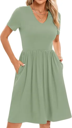 2025 Women's Summer Casual Short Sleeve Pleated A-Line Midi Loose Fit Swing Dresses T-Shirt Flowy Sundress with Pockets