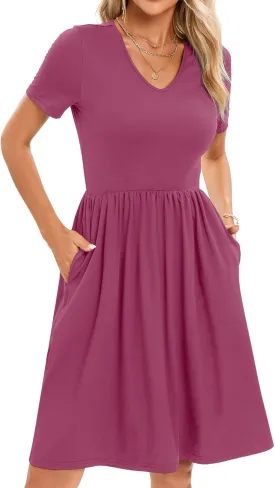 2025 Women's Summer Casual Short Sleeve Pleated A-Line Midi Loose Fit Swing Dresses T-Shirt Flowy Sundress with Pockets