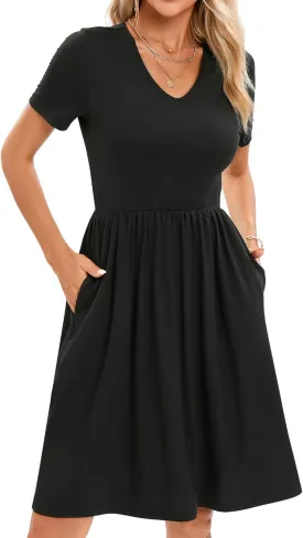 2025 Women's Summer Casual Short Sleeve Pleated A-Line Midi Loose Fit Swing Dresses T-Shirt Flowy Sundress with Pockets