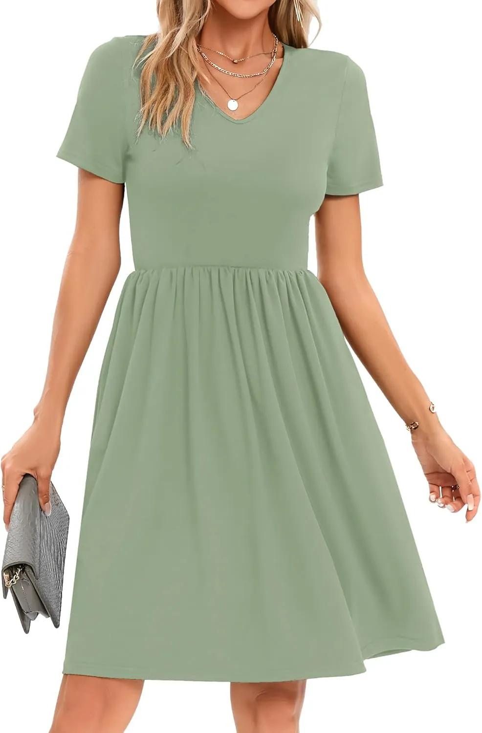2025 Women's Summer Casual Short Sleeve Pleated A-Line Midi Loose Fit Swing Dresses T-Shirt Flowy Sundress with Pockets