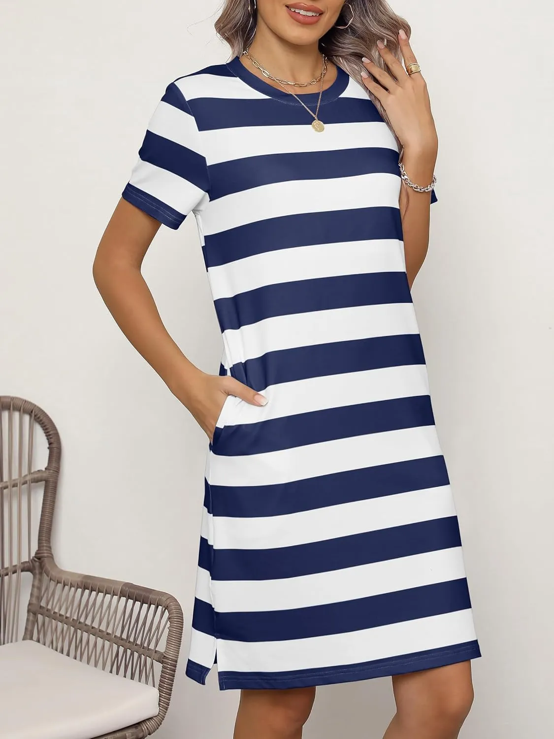 ANRABESS Women's Summer Casual T Shirt Dresses Short Sleeve Crewneck Striped Mini Shift Dress 2025 Beach Vacation Outfits