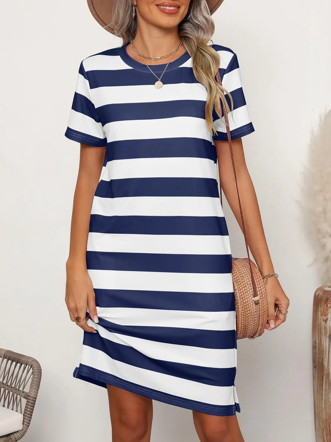 ANRABESS Women's Summer Casual T Shirt Dresses Short Sleeve Crewneck Striped Mini Shift Dress 2025 Beach Vacation Outfits