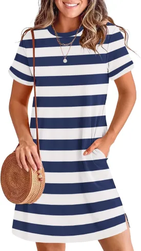 ANRABESS Women's Summer Casual T Shirt Dresses Short Sleeve Crewneck Striped Mini Shift Dress 2025 Beach Vacation Outfits