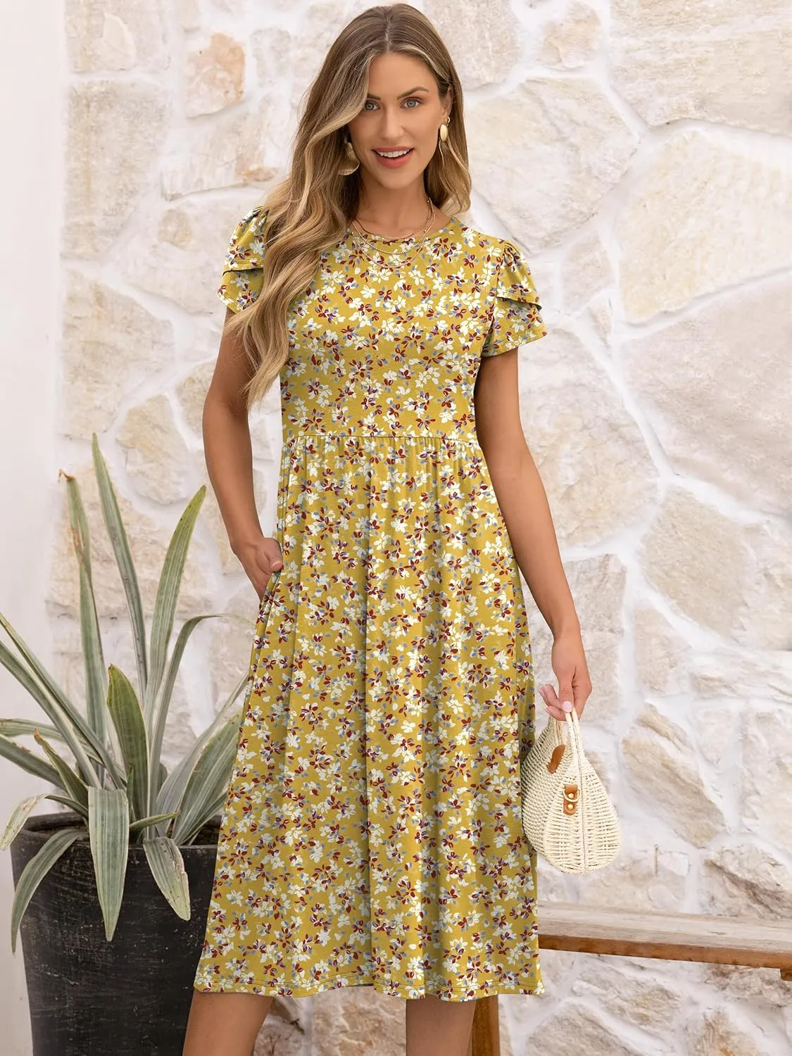 ANRABESS Women's Summer Short Sleeve A-Line Midi Dresses Casual Floral T-Shirt Dresses Flowy Beach Sundress with Pockets