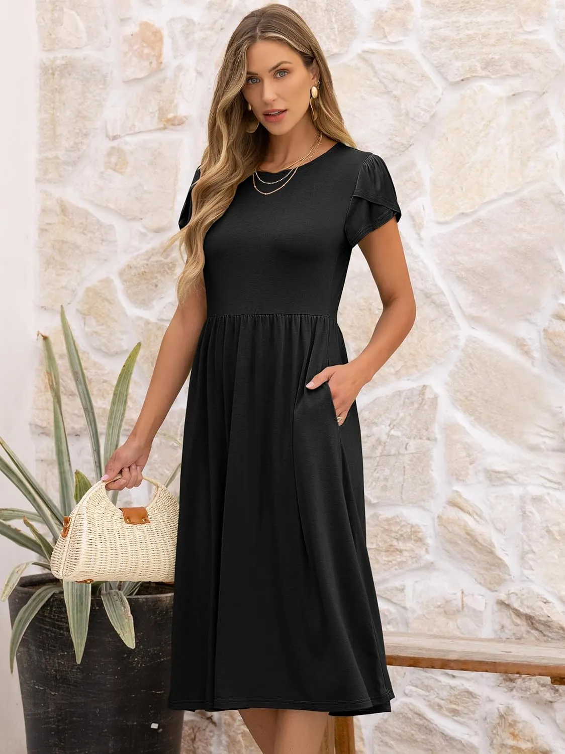 ANRABESS Women's Summer Short Sleeve A-Line Midi Dresses Casual Floral T-Shirt Dresses Flowy Beach Sundress with Pockets
