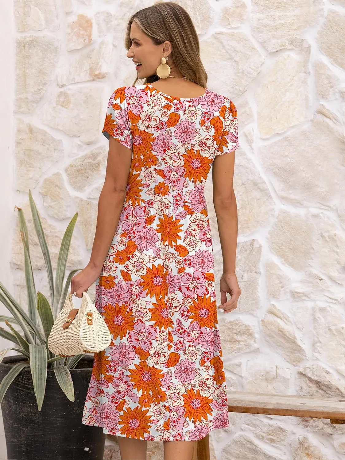 ANRABESS Women's Summer Short Sleeve A-Line Midi Dresses Casual Floral T-Shirt Dresses Flowy Beach Sundress with Pockets