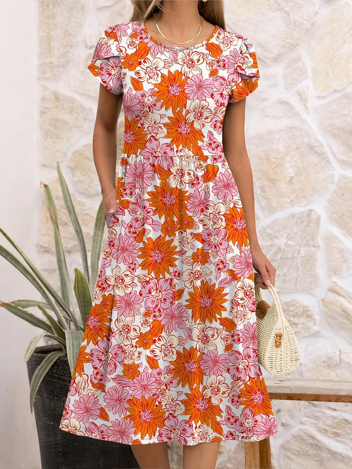 ANRABESS Women's Summer Short Sleeve A-Line Midi Dresses Casual Floral T-Shirt Dresses Flowy Beach Sundress with Pockets