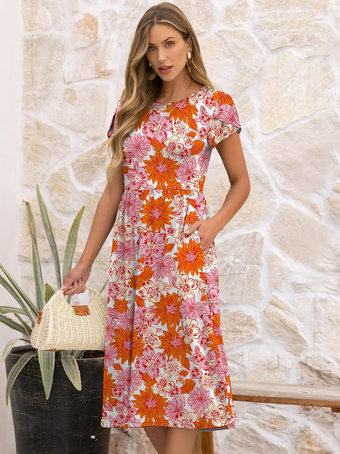 ANRABESS Women's Summer Short Sleeve A-Line Midi Dresses Casual Floral T-Shirt Dresses Flowy Beach Sundress with Pockets