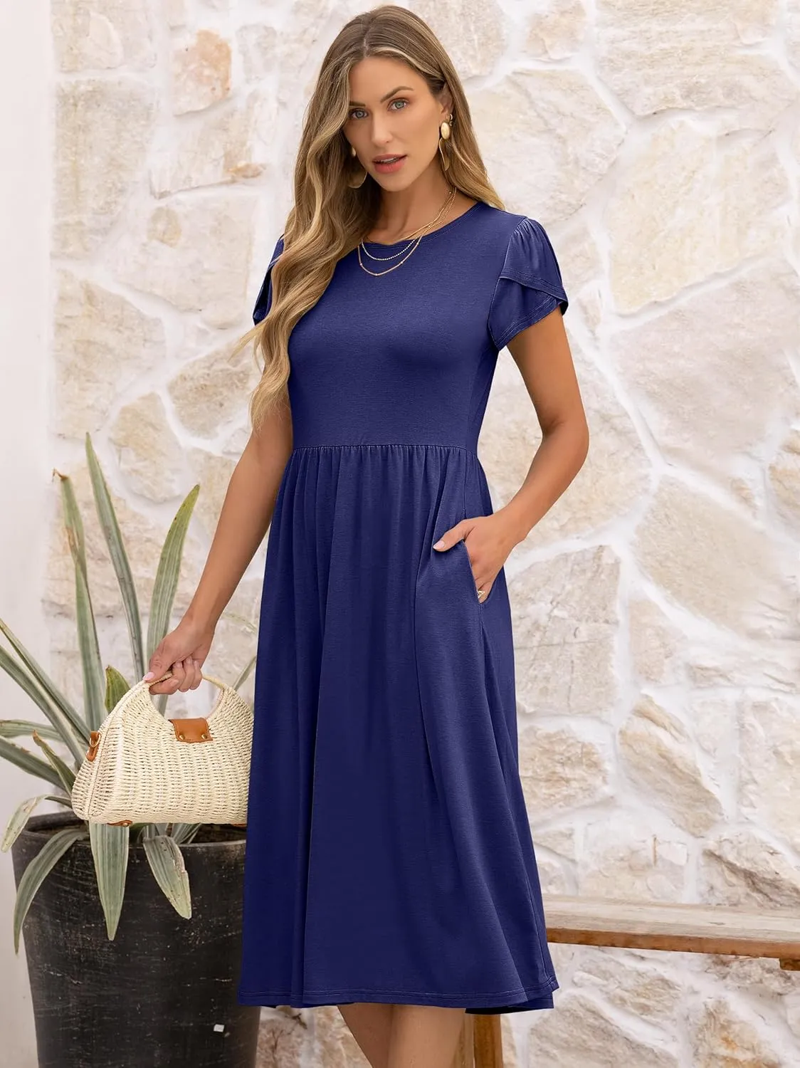 ANRABESS Women's Summer Short Sleeve A-Line Midi Dresses Casual Floral T-Shirt Dresses Flowy Beach Sundress with Pockets