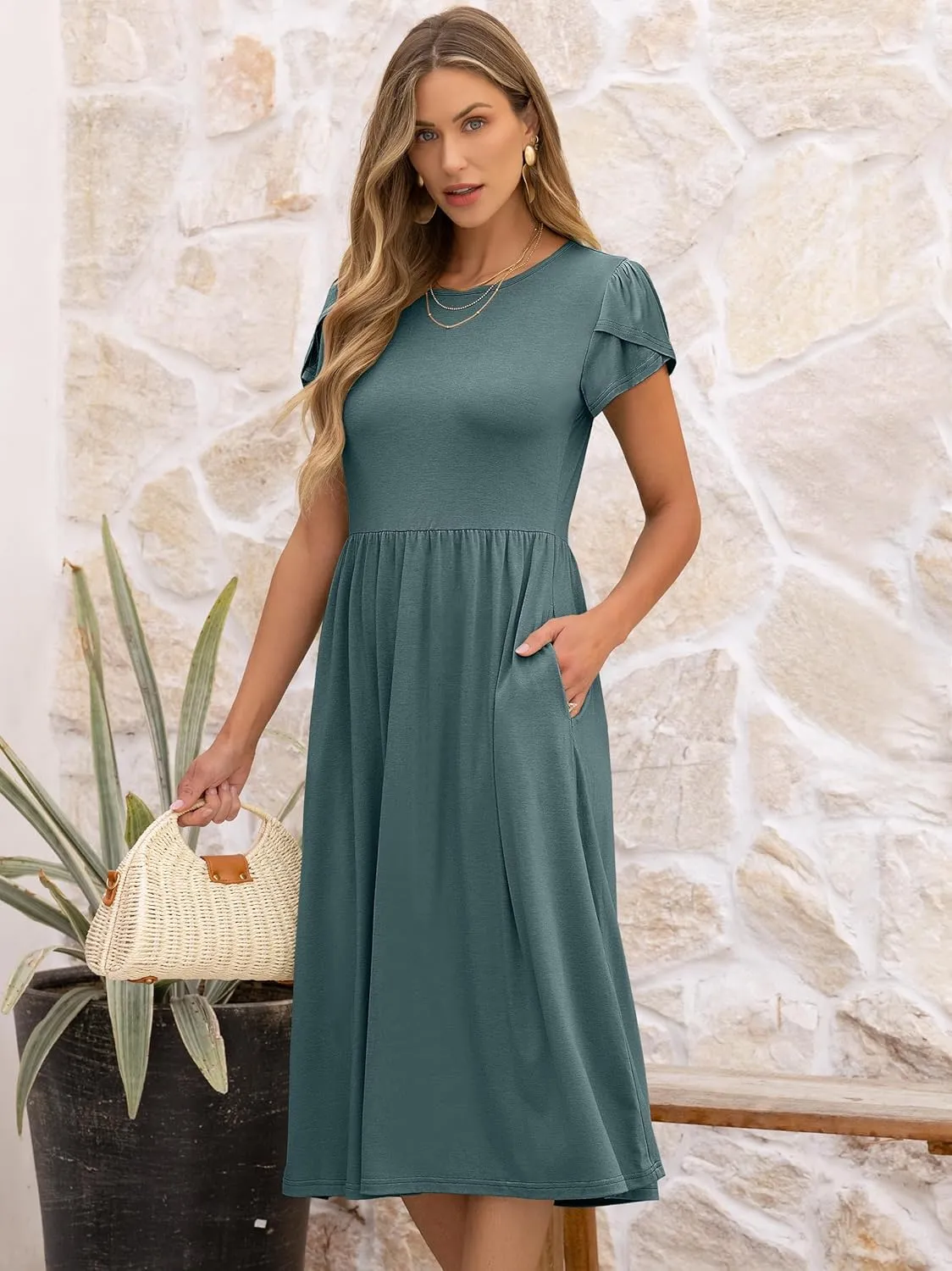 ANRABESS Women's Summer Short Sleeve A-Line Midi Dresses Casual Floral T-Shirt Dresses Flowy Beach Sundress with Pockets