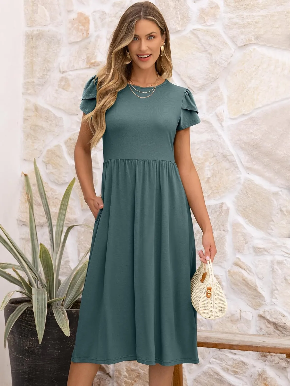 ANRABESS Women's Summer Short Sleeve A-Line Midi Dresses Casual Floral T-Shirt Dresses Flowy Beach Sundress with Pockets