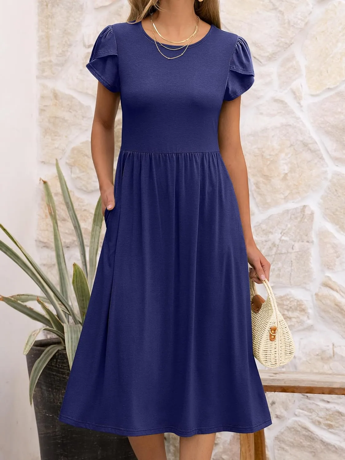 ANRABESS Women's Summer Short Sleeve A-Line Midi Dresses Casual Floral T-Shirt Dresses Flowy Beach Sundress with Pockets