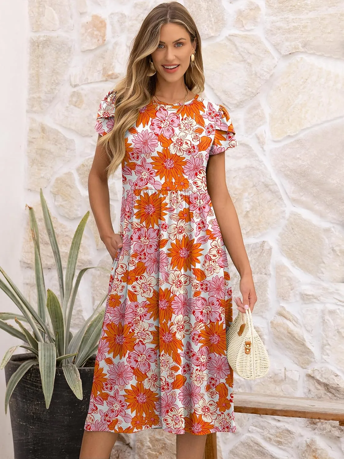 ANRABESS Women's Summer Short Sleeve A-Line Midi Dresses Casual Floral T-Shirt Dresses Flowy Beach Sundress with Pockets