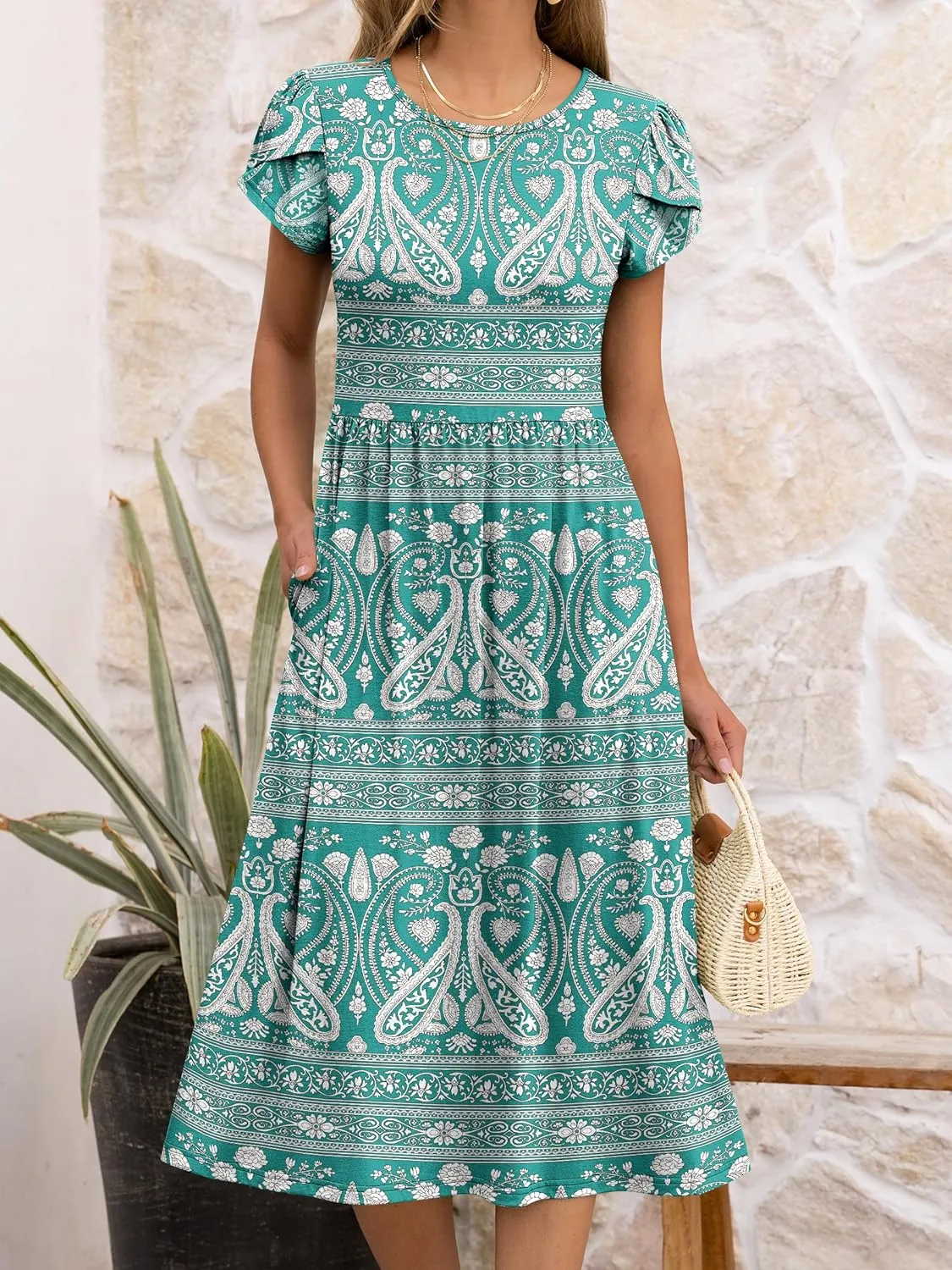 ANRABESS Women's Summer Short Sleeve A-Line Midi Dresses Casual Floral T-Shirt Dresses Flowy Beach Sundress with Pockets