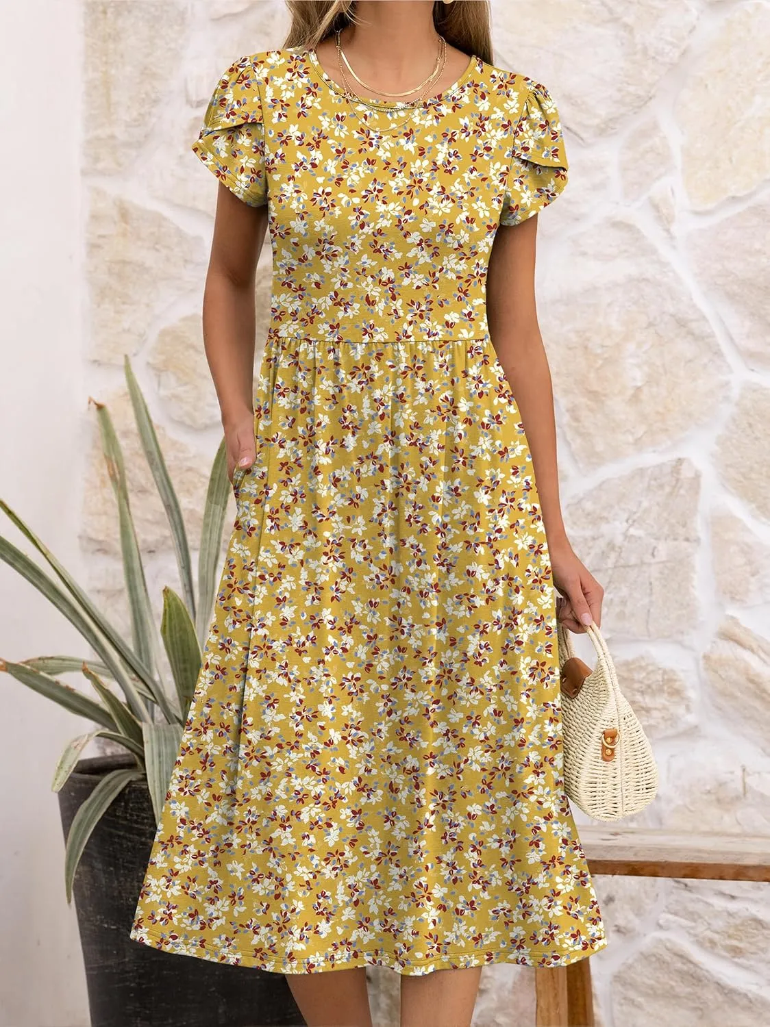 ANRABESS Women's Summer Short Sleeve A-Line Midi Dresses Casual Floral T-Shirt Dresses Flowy Beach Sundress with Pockets