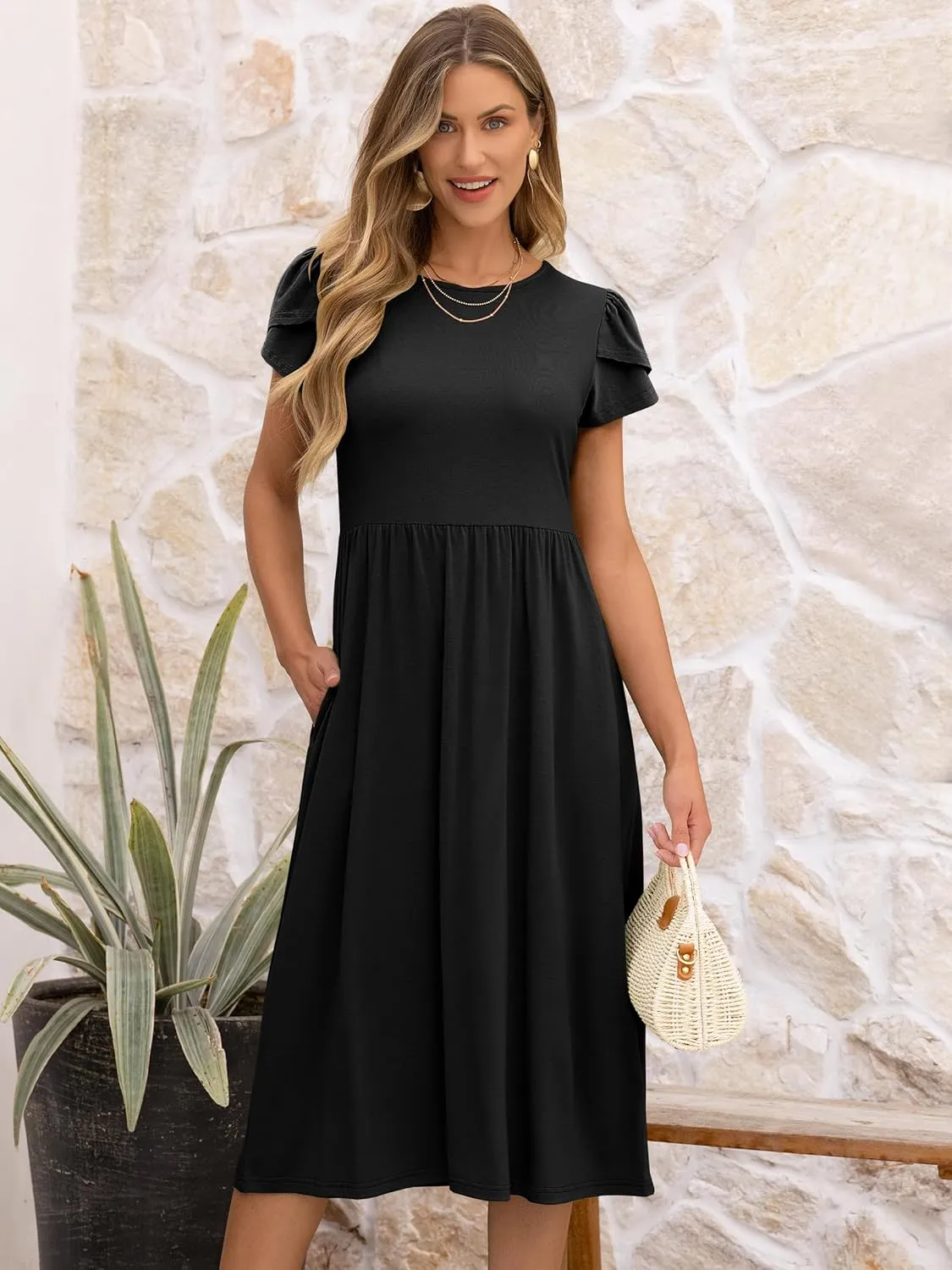 ANRABESS Women's Summer Short Sleeve A-Line Midi Dresses Casual Floral T-Shirt Dresses Flowy Beach Sundress with Pockets