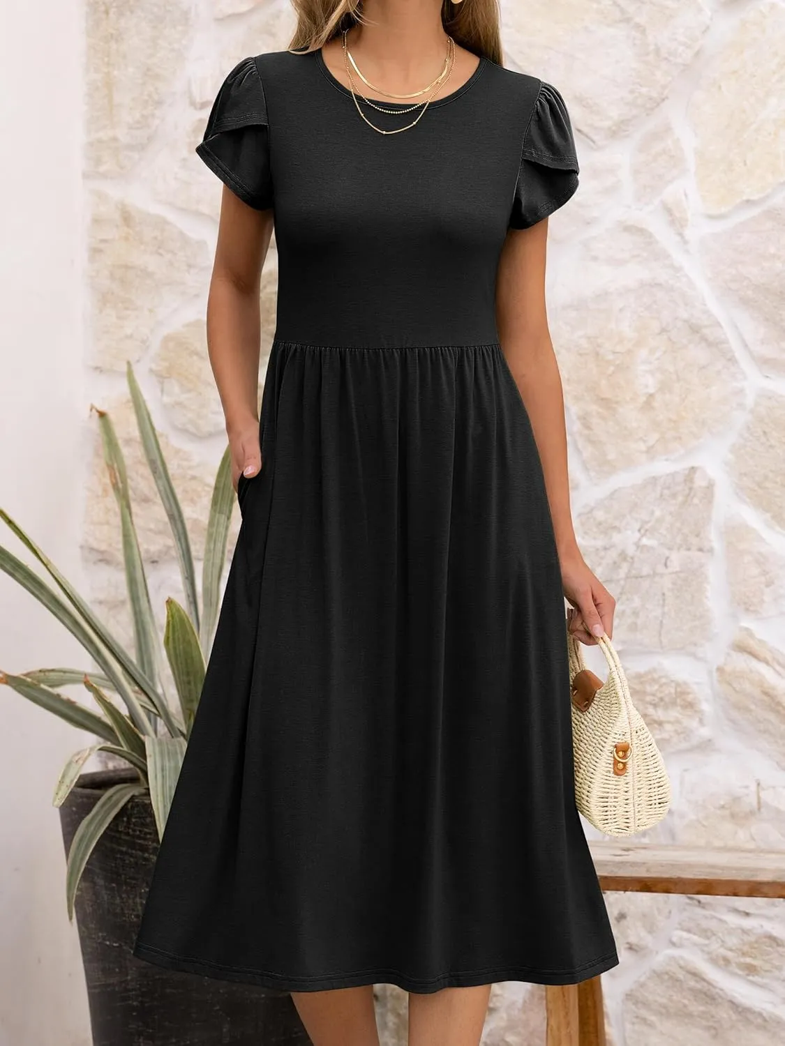 ANRABESS Women's Summer Short Sleeve A-Line Midi Dresses Casual Floral T-Shirt Dresses Flowy Beach Sundress with Pockets