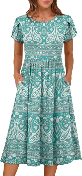ANRABESS Women's Summer Short Sleeve A-Line Midi Dresses Casual Floral T-Shirt Dresses Flowy Beach Sundress with Pockets