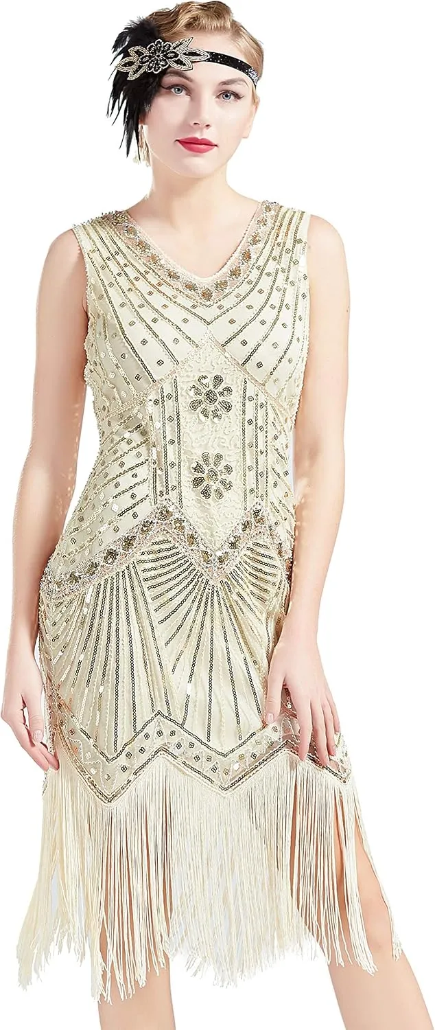 BABEYOND Women's Flapper Dresses 1920s V Neck Beaded Fringed Great Gatsby Dress