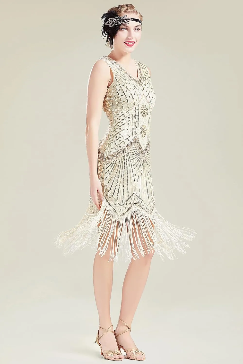 BABEYOND Women's Flapper Dresses 1920s V Neck Beaded Fringed Great Gatsby Dress