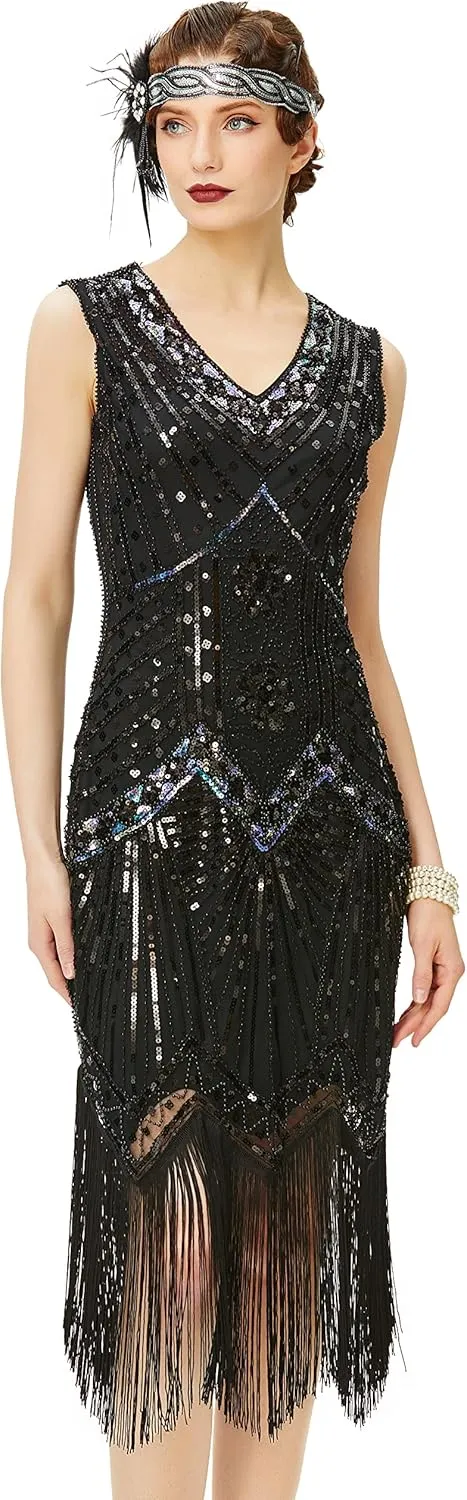 BABEYOND Women's Flapper Dresses 1920s V Neck Beaded Fringed Great Gatsby Dress