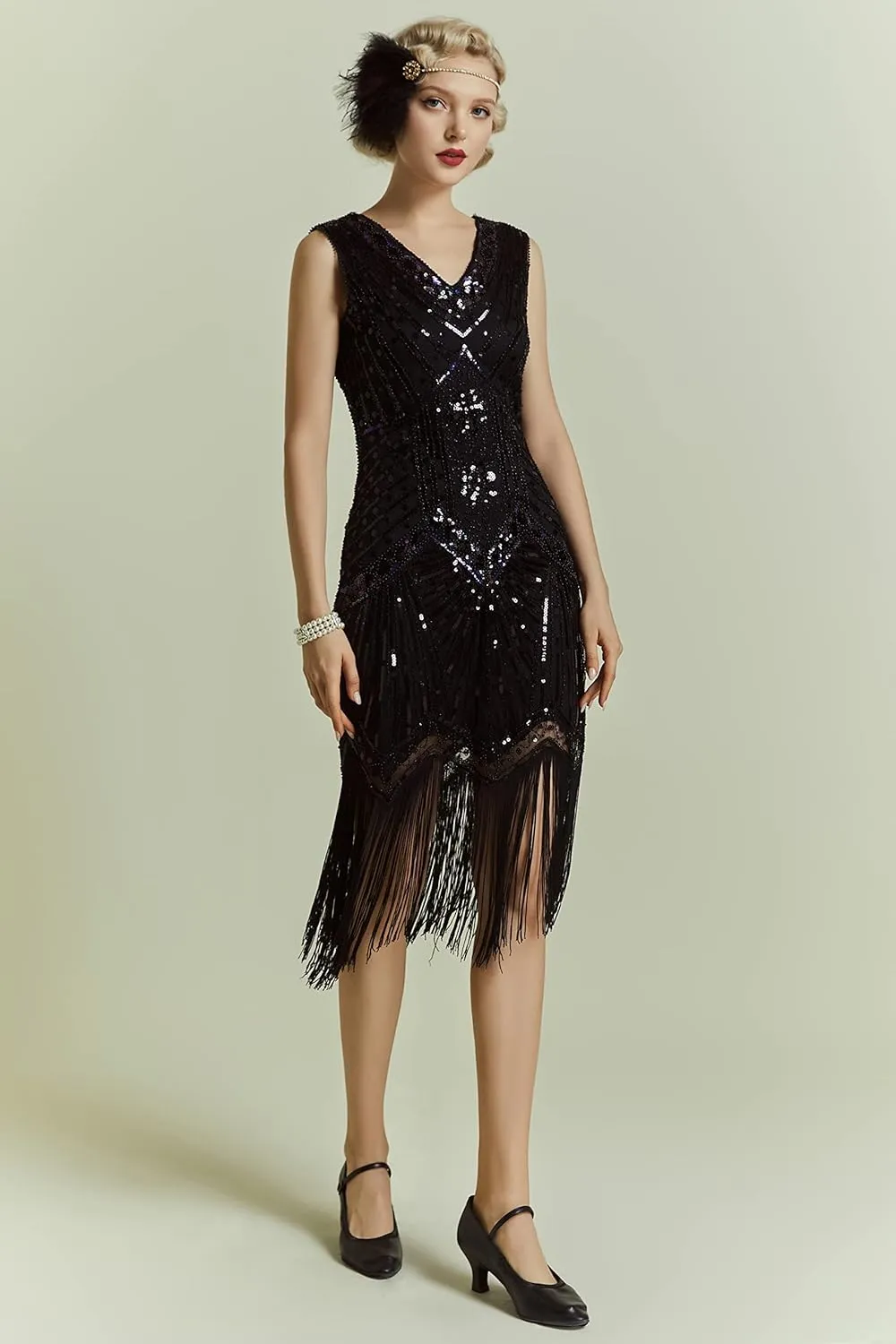 BABEYOND Women's Flapper Dresses 1920s V Neck Beaded Fringed Great Gatsby Dress