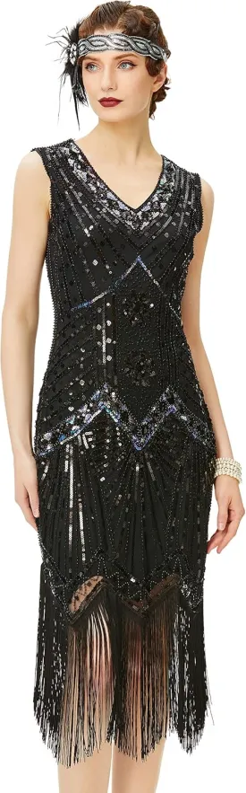BABEYOND Women's Flapper Dresses 1920s V Neck Beaded Fringed Great Gatsby Dress