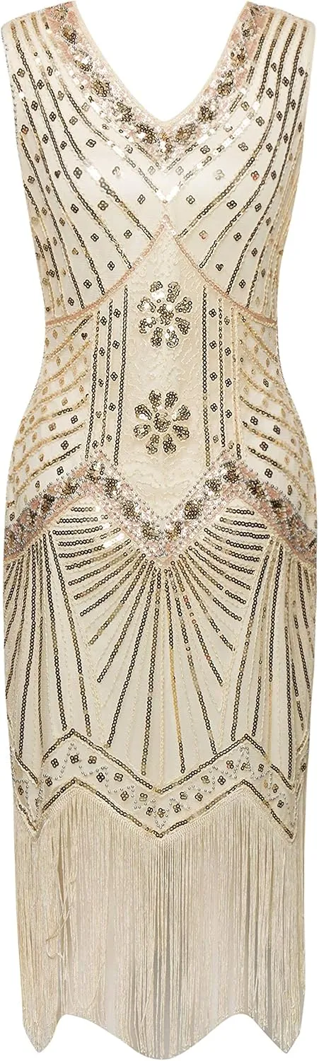 BABEYOND Women's Flapper Dresses 1920s V Neck Beaded Fringed Great Gatsby Dress