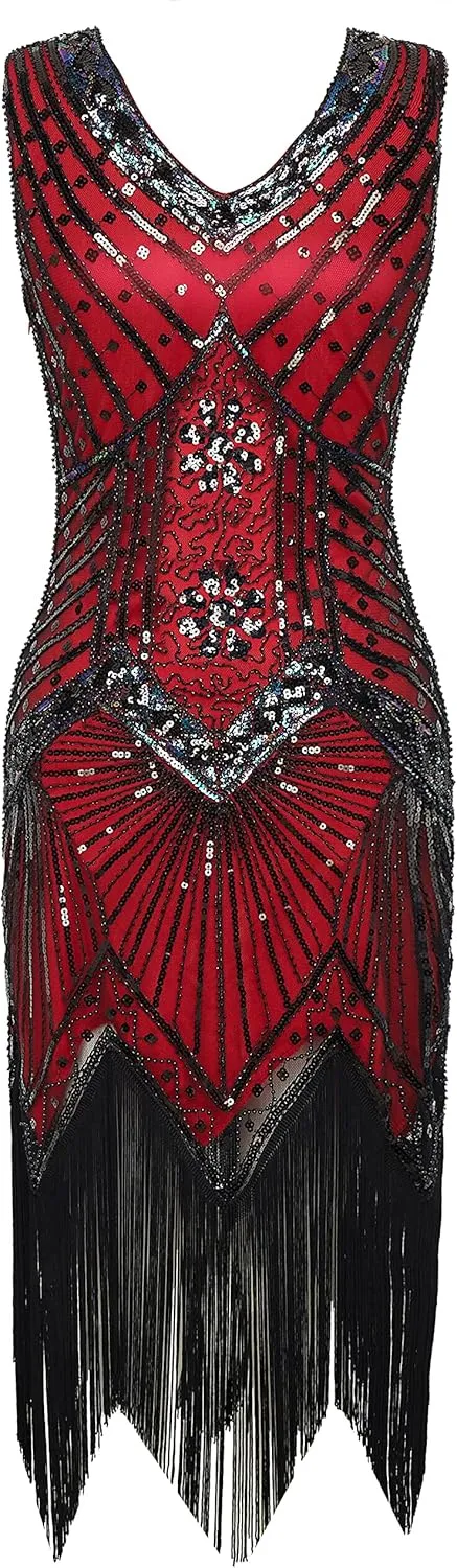 BABEYOND Women's Flapper Dresses 1920s V Neck Beaded Fringed Great Gatsby Dress