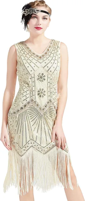 BABEYOND Women's Flapper Dresses 1920s V Neck Beaded Fringed Great Gatsby Dress
