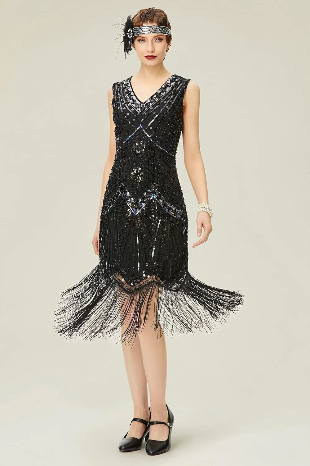 BABEYOND Women's Flapper Dresses 1920s V Neck Beaded Fringed Great Gatsby Dress