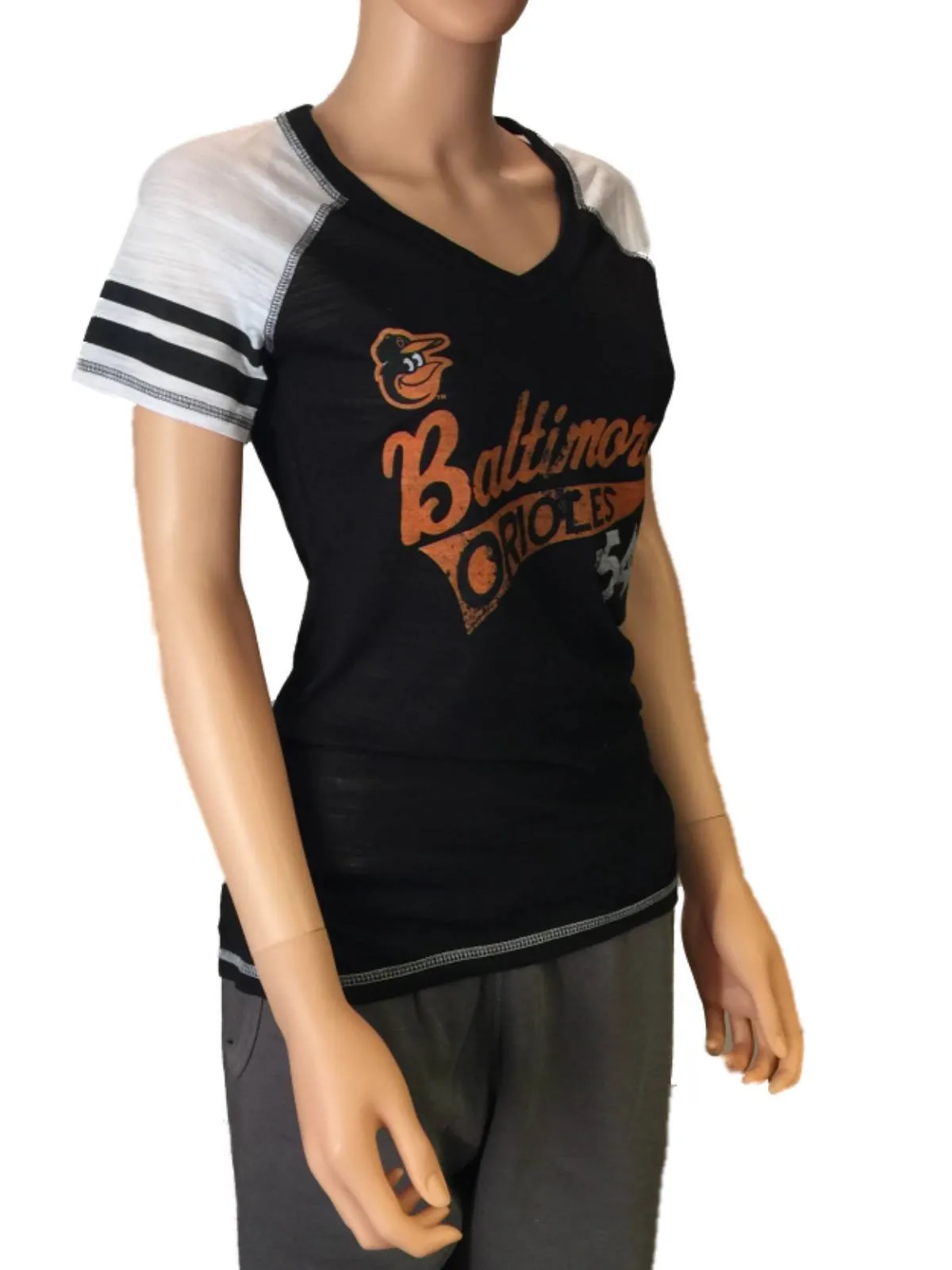 Baltimore Orioles SAAG Women Black Light Baseball Tri-Blend V-Neck T-Shirt