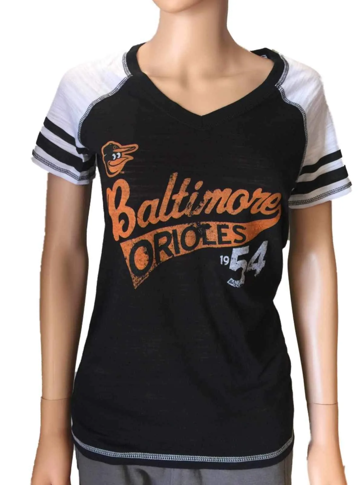 Baltimore Orioles SAAG Women Black Light Baseball Tri-Blend V-Neck T-Shirt