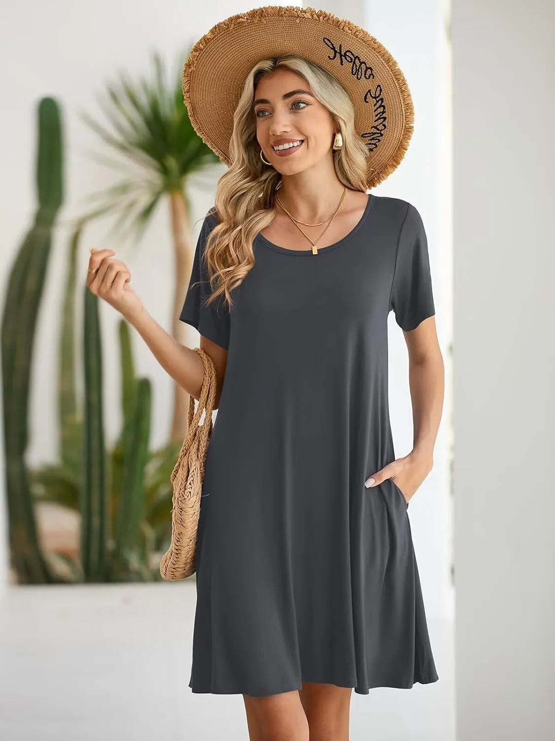 BELAROI Womens Summer Casual T Shirt Dress Loose Swing Tunic Dress Short Sleeve Sundress with Pockets